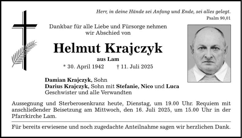 Traueranzeige Helmut Krajczyk