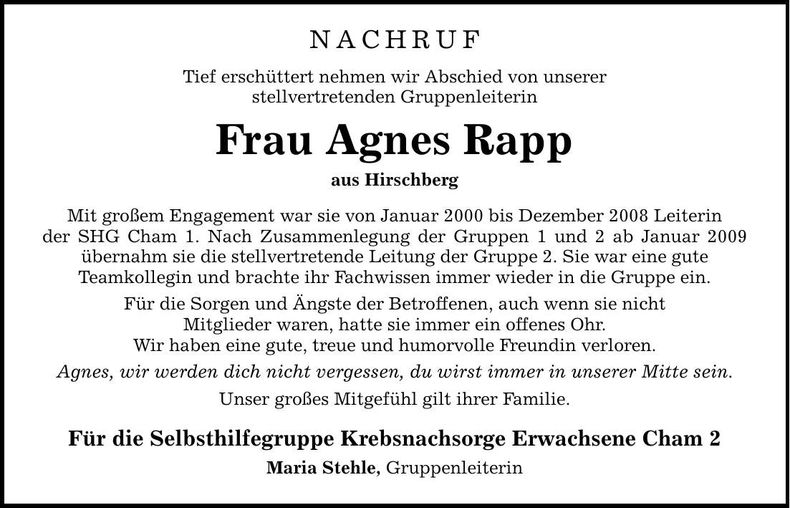 Traueranzeige Agnes Rapp