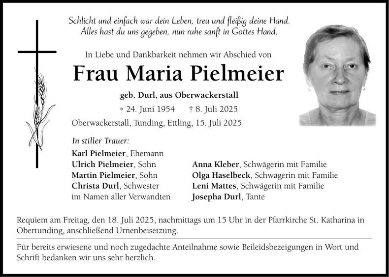 Traueranzeige Maria Pielmeier