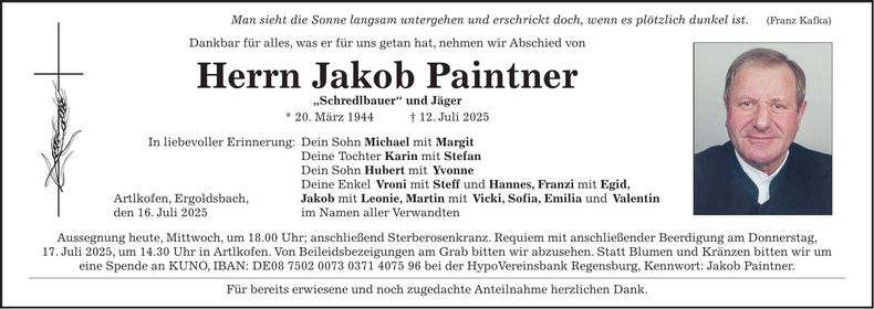 Traueranzeige Jakob Paintner