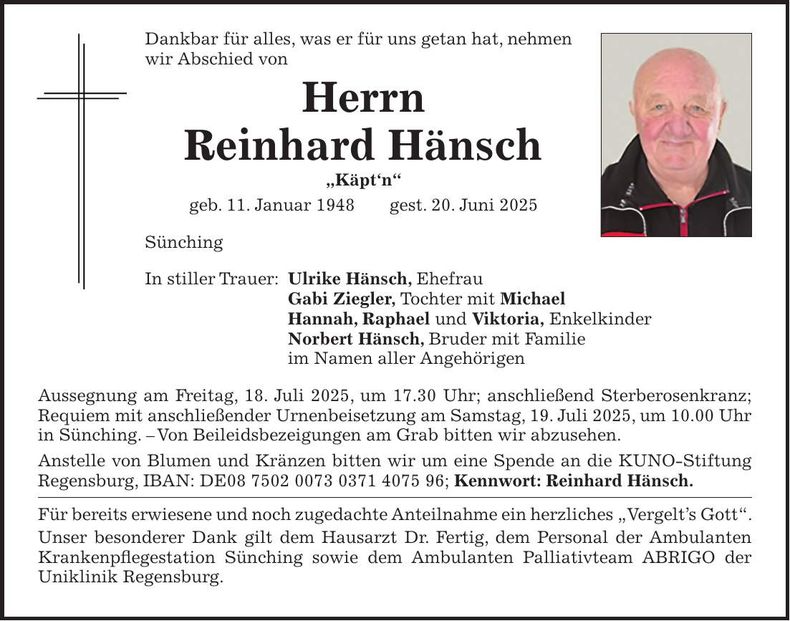 Traueranzeige Reinhard Hänsch