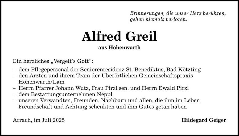 Traueranzeige Alfred Greil