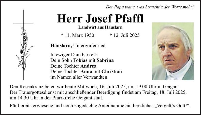Traueranzeige Josef Pfaffl