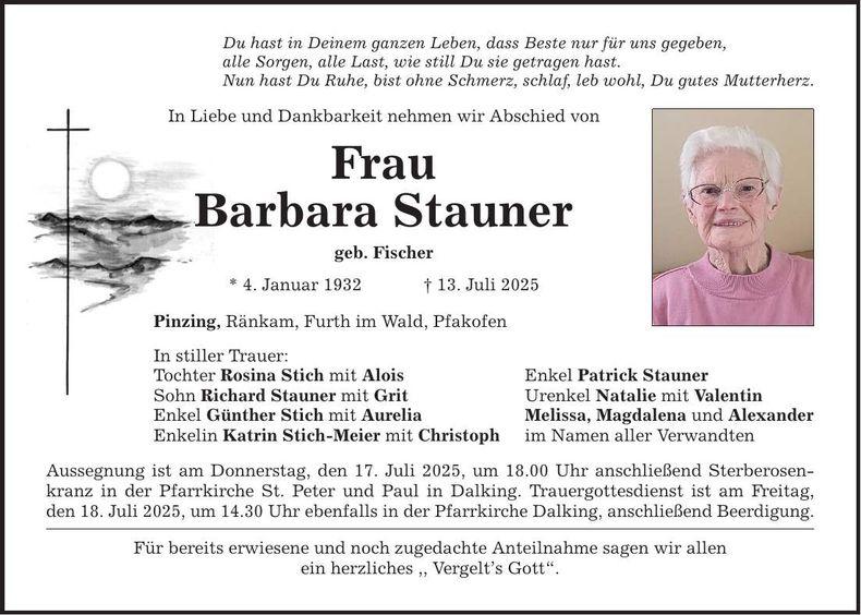 Traueranzeige Barbara Stauner