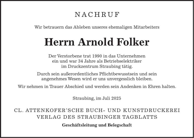 Traueranzeige Arnold Volker