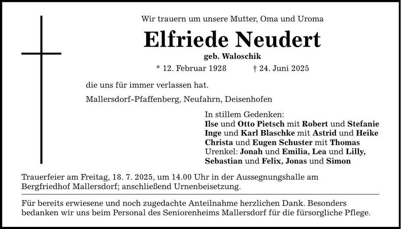Traueranzeige Elfriede Neudert