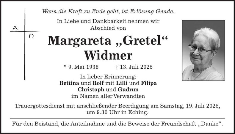 Traueranzeige Margareta Widmer