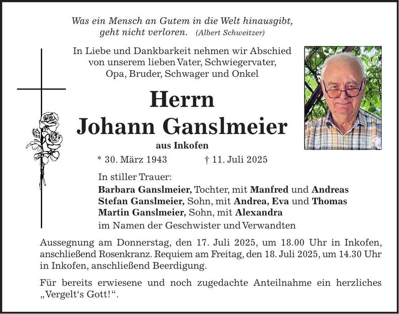Traueranzeige Johann Ganslmeier