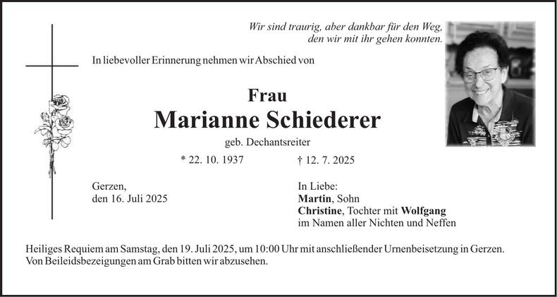 Traueranzeige Marianne Schiederer