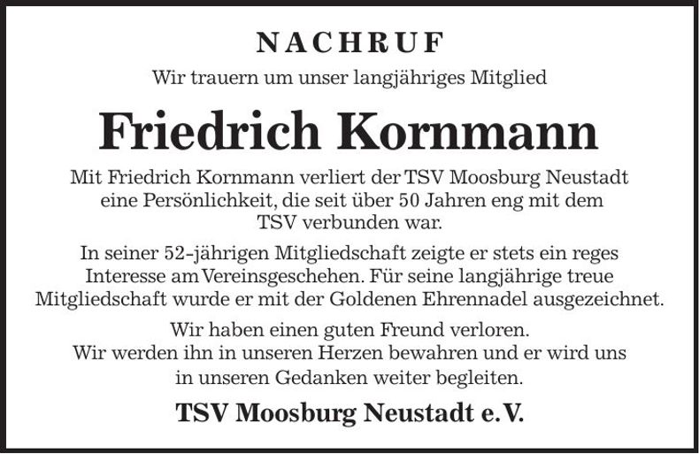 Traueranzeige Friedrich Kornmann