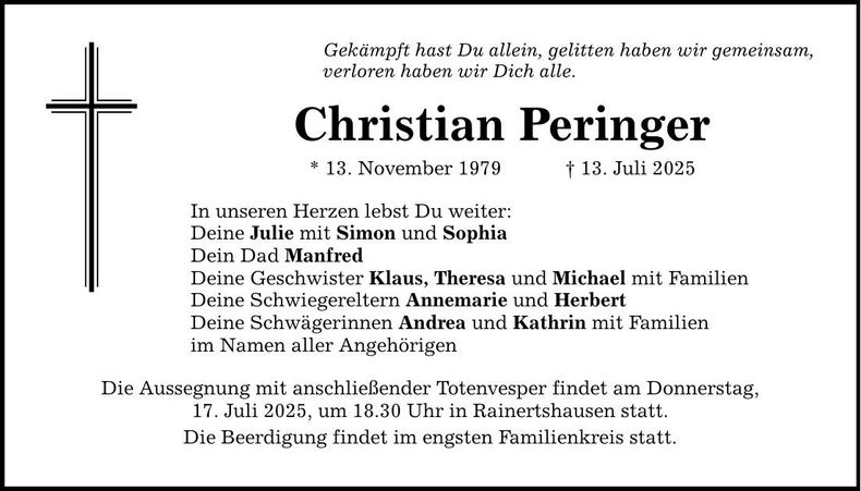 Traueranzeige Christian Peringer