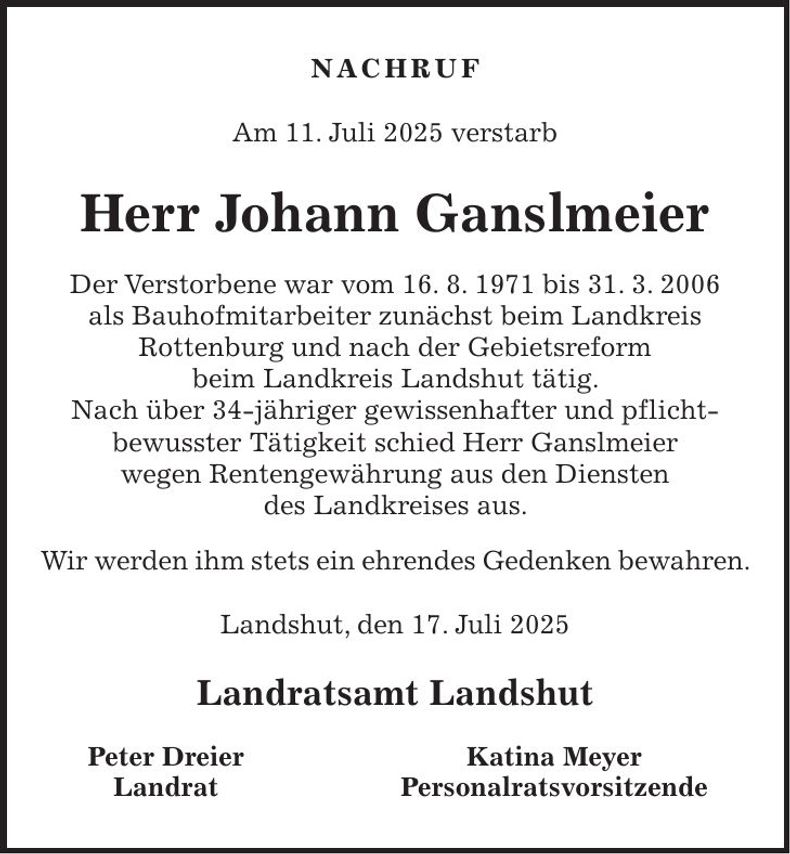 Traueranzeige Johann Ganslmeier