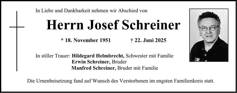 Traueranzeige Josef Schreiner