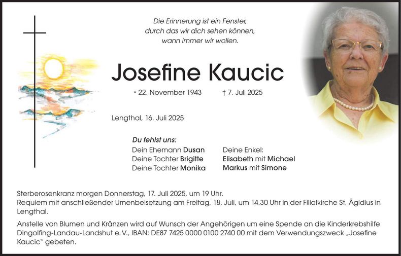 Traueranzeige Josefine Kaucic