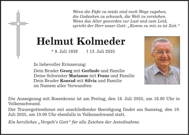 Traueranzeige Helmut Kolmeder