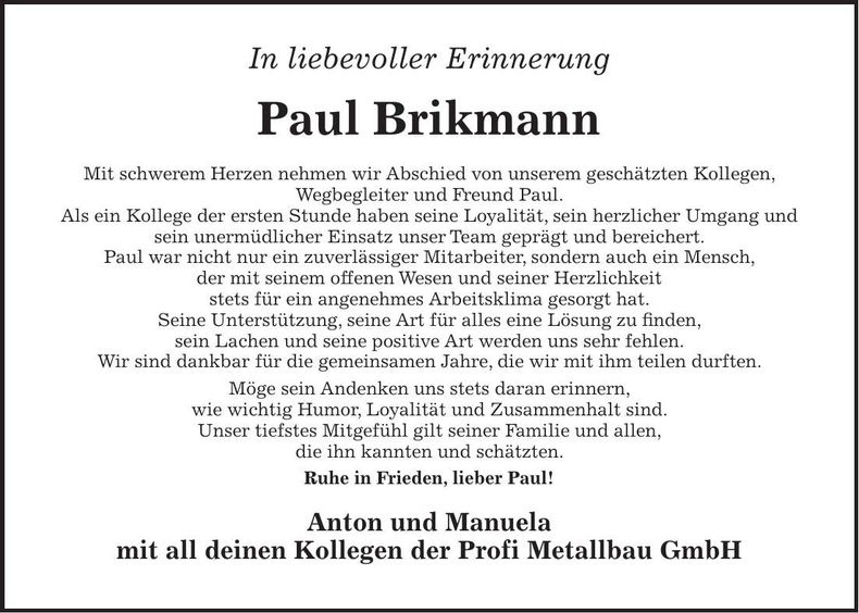 Traueranzeige Paul Brikmann
