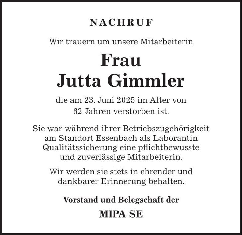 Traueranzeige Jutta Gimmler