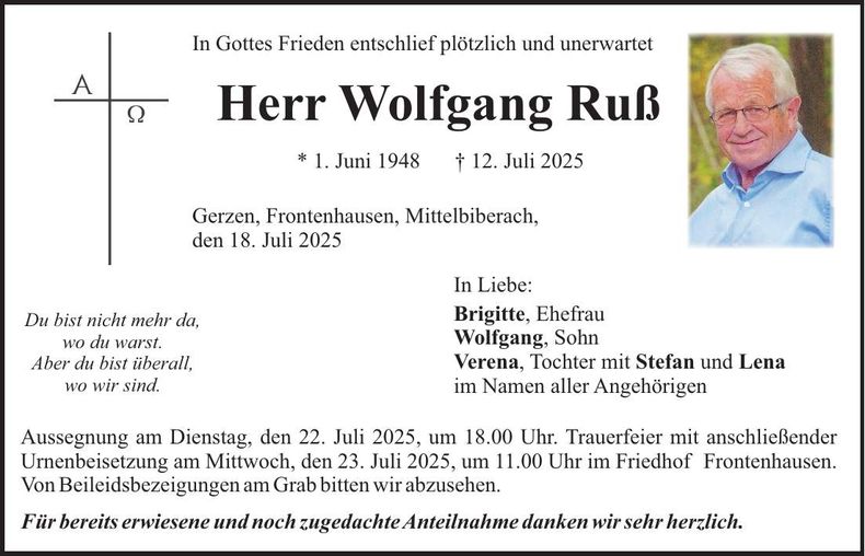 Traueranzeige Wolfgang Ruß