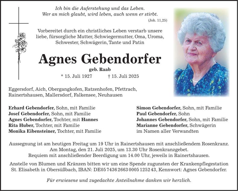 Traueranzeige Agnes Gebendorfer