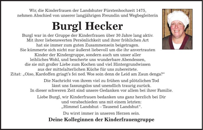 Traueranzeige Burgl Hecker