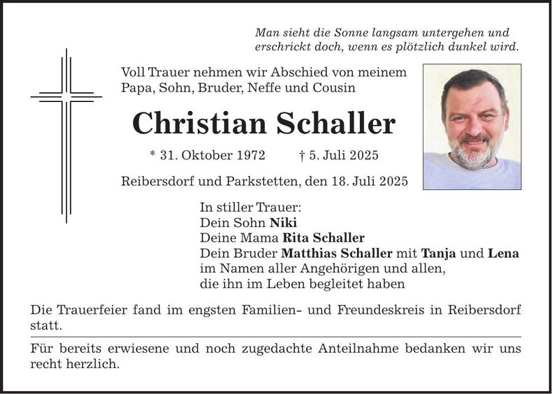 Traueranzeige Christian Schaller