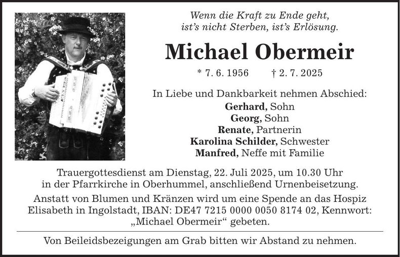Traueranzeige Michael Obermeir