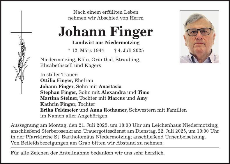Traueranzeige Johann Finger