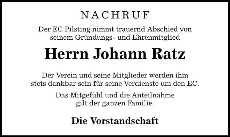 Traueranzeige Johann Ratz