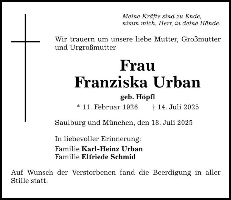 Traueranzeige Franziska Urban