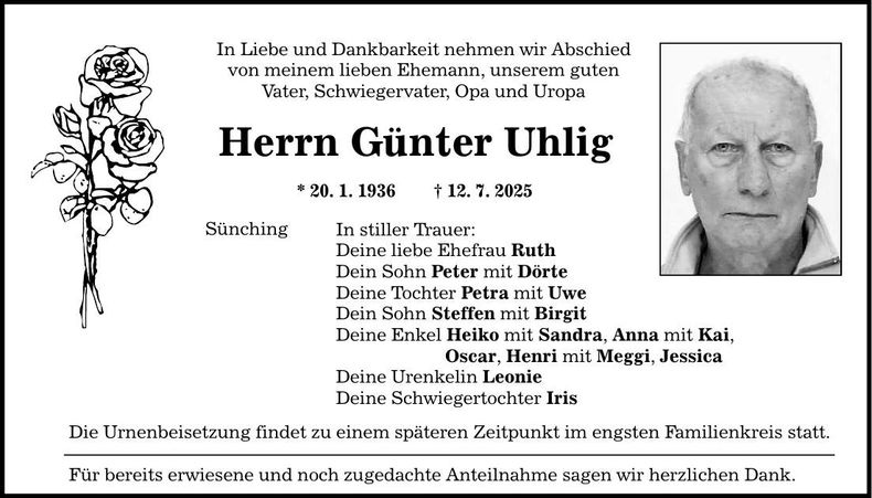 Traueranzeige Günter Uhlig