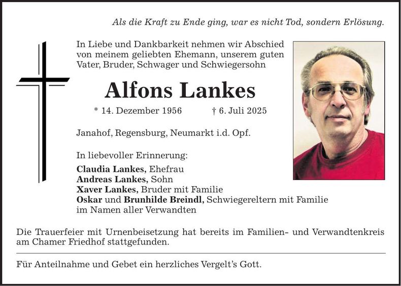 Traueranzeige Alfons Lankes