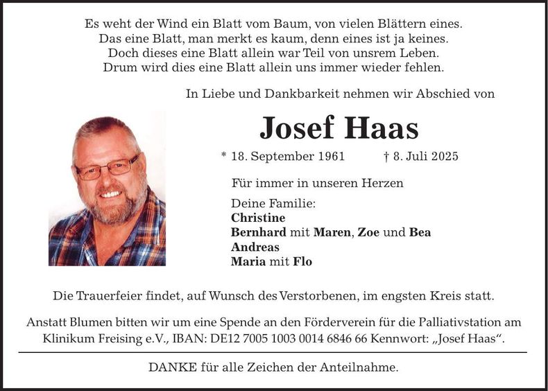 Traueranzeige Josef Haas