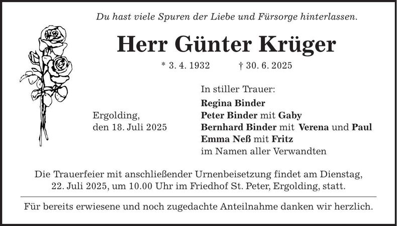 Traueranzeige Günter Krüger