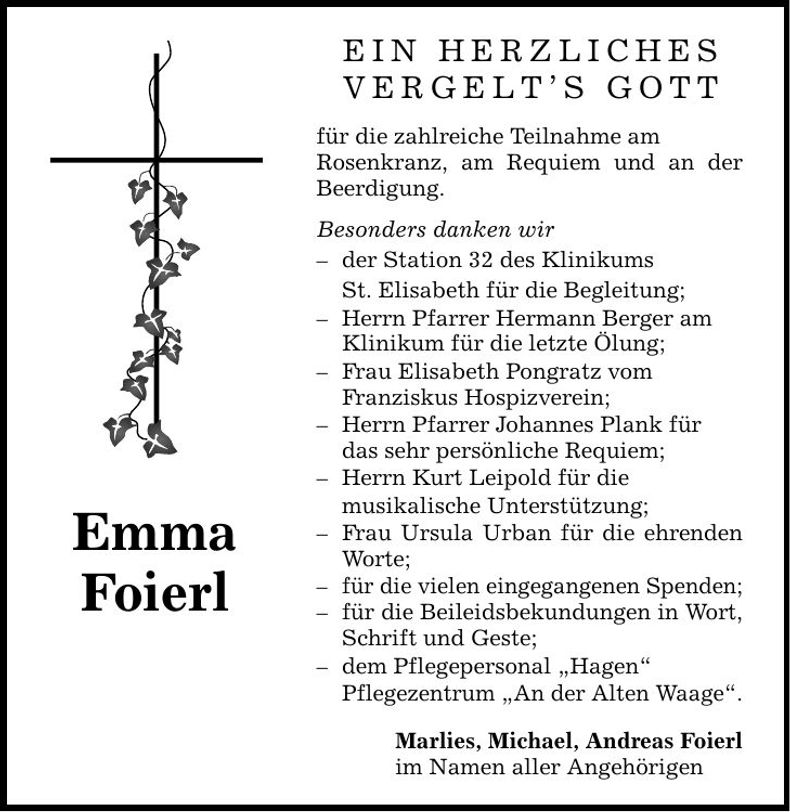 Traueranzeige Emma Foierl