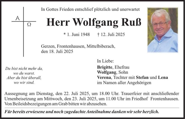 Traueranzeige Wolfgang Ruß