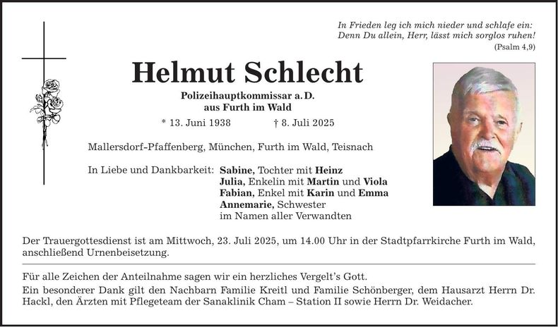 Traueranzeige Helmut Schlecht