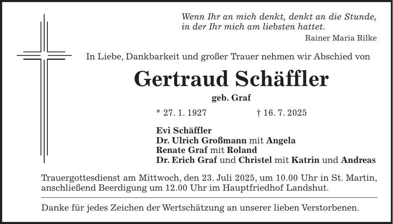 Traueranzeige Gertraud Schäffler