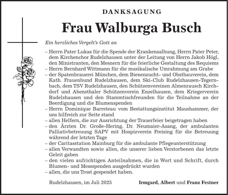 Traueranzeige Walburga Busch