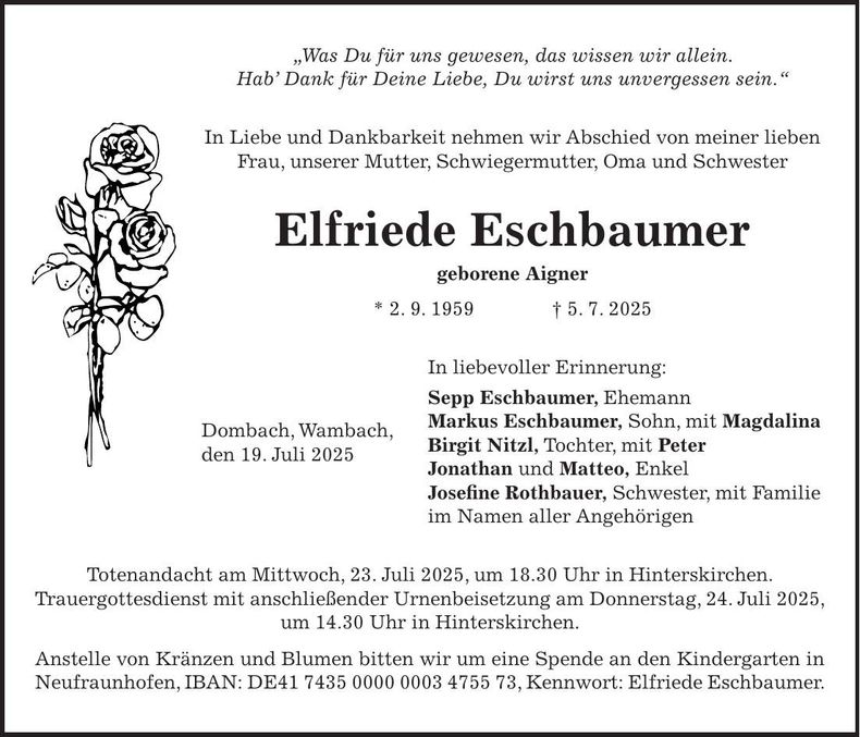 Traueranzeige Elfriede Eschbaumer
