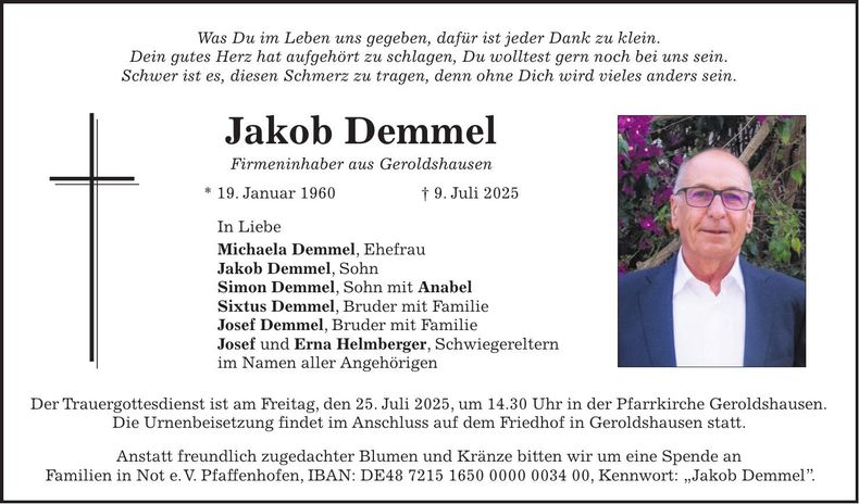 Traueranzeige Jakob Demmel