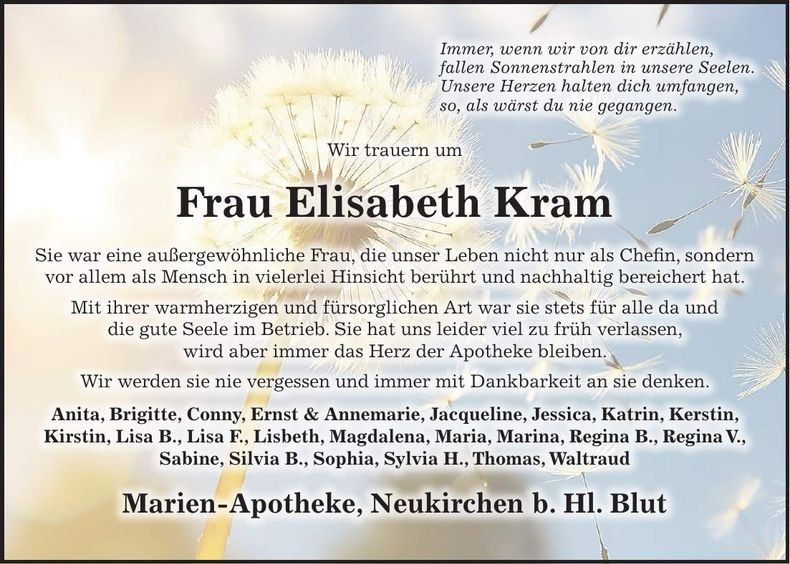 Traueranzeige Elisabeth Kram