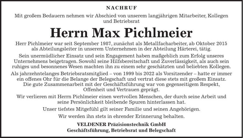 Traueranzeige Max Pichlmeier