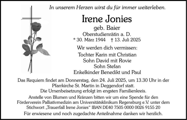 Traueranzeige Irene Jonies