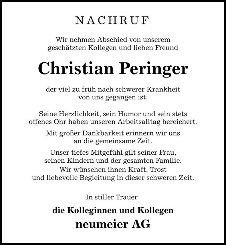 Traueranzeige Christian Christian Peringer