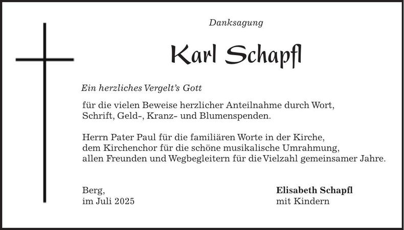 Traueranzeige Karl Schapfl