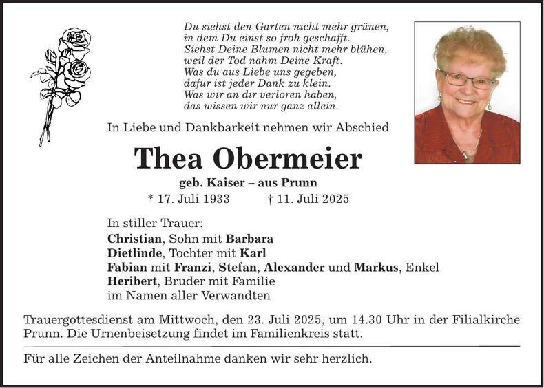 Traueranzeige Thea Obermeier