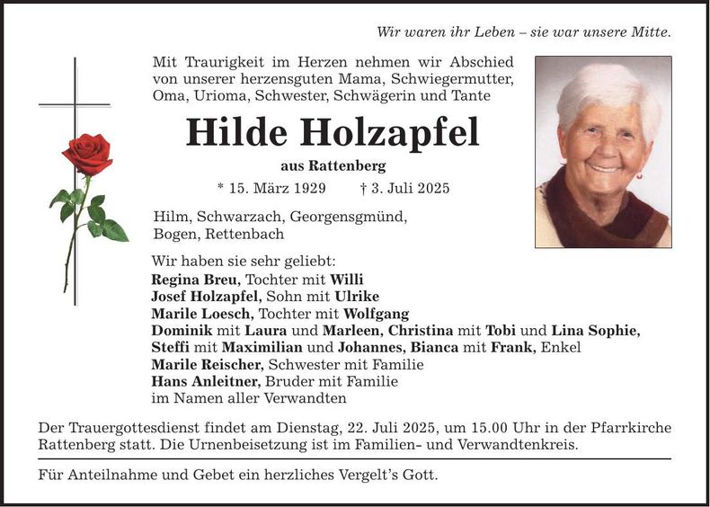 Traueranzeige Hilde Holzapfel
