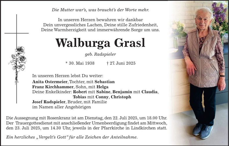 Traueranzeige Walburga Grasl