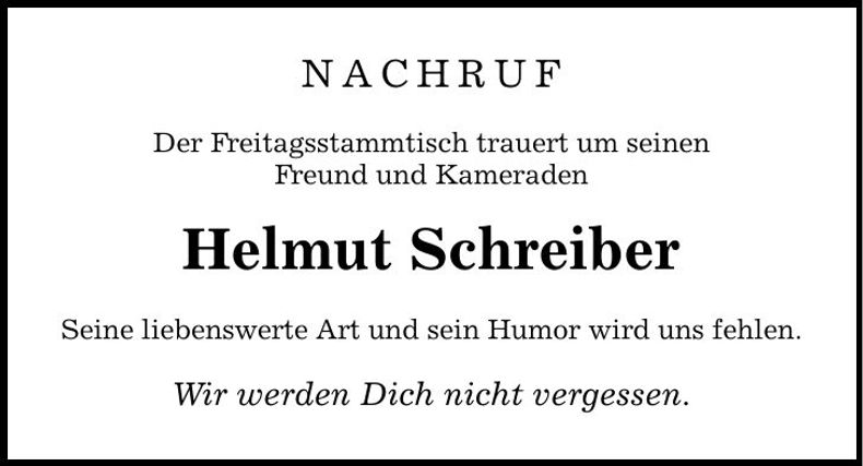 Traueranzeige Helmut Schreiber