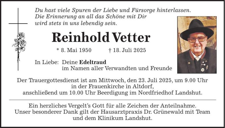 Traueranzeige Reinhold Vetter